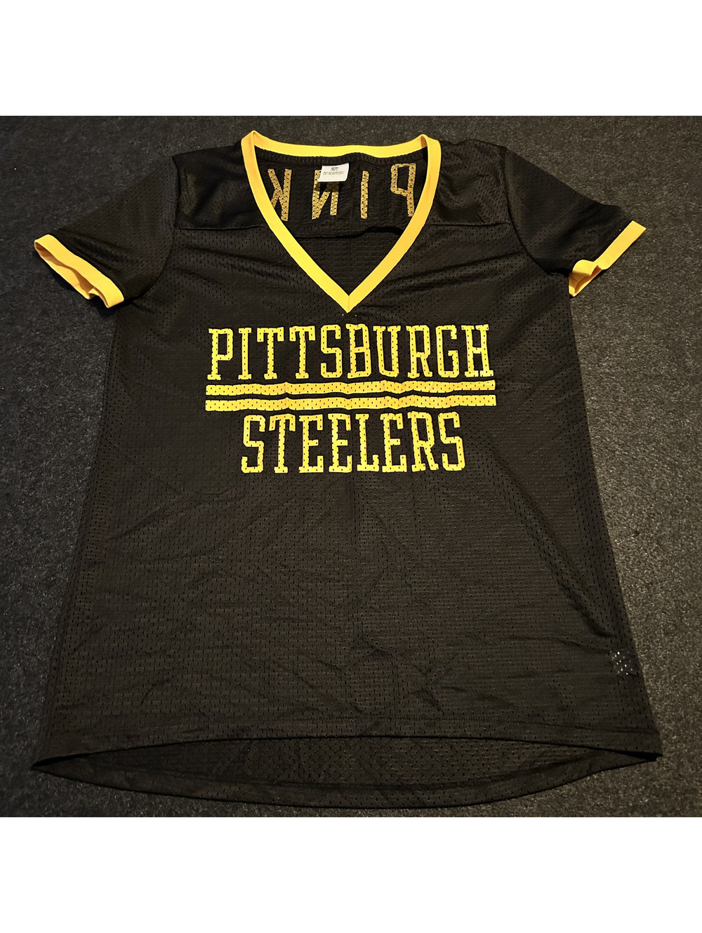 Victoria's Secret PINK Pittsburgh Steelers NFL Mesh V-Neck Jersey Black Gold L
